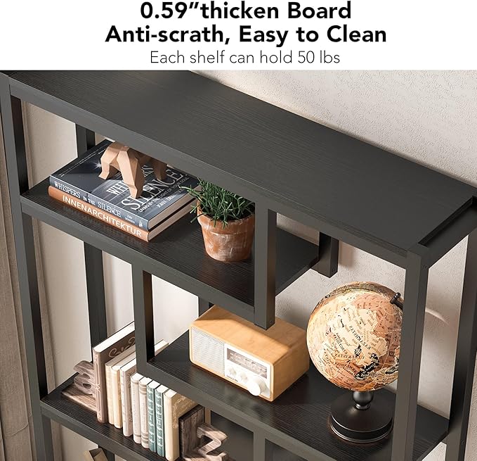 Tribesigns Way to Origin 6-Shelf Modern Bookshelf Set of 2, Industrial Etagere Bookcase, 69-Inch Tall Storage Display Staggered Shelves with Sturdy Metal Frame, Black