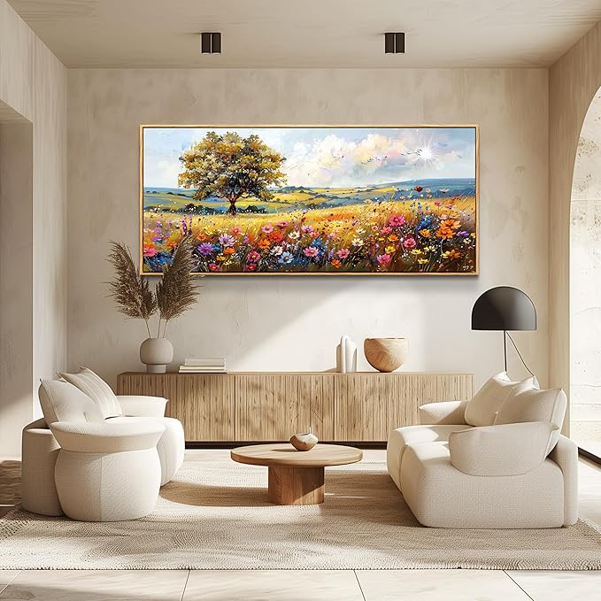 hyidecorart Farmhouse Wall Art For Living Room Pictures For Bedroom Wall Decor Natural Scenery Wall Painting Office Artwork Colorful Flowers And Trees Canvas Prints Hanging Decor Wood Framed 72x32