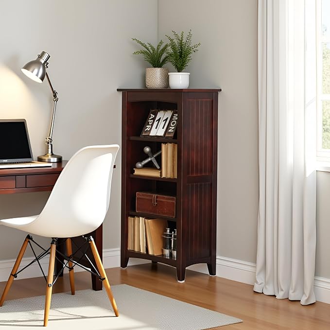 Shaker Cottage 4-Shelf Bookcase – Classic Wood Bookshelf with Beadboard Side Panels, Tapered Legs, and Open Storage for Living Room, Office, or Kids Room by Alaterre Furniture (Espresso Finish)