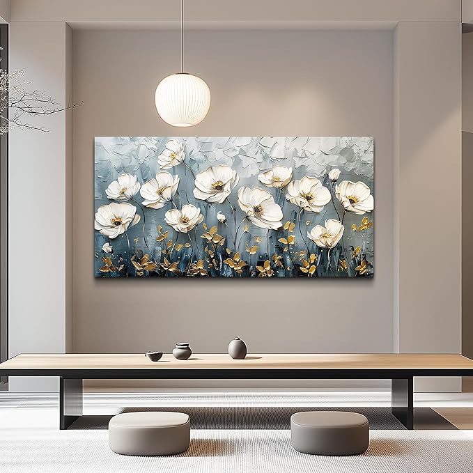 QIYILEXWART Canvas Wall Art For Living Room Wall Decor For Bedroom Office Wall Decoration Textured White Flower Landscape Painting Farmhouse Pictures Artwork Room Aesthetic Home Decor 20x40 In