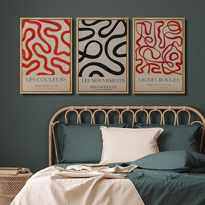 SIGNFORD Framed Wall Art Print Set French Modern Abstract Line Red and Black Curved Shapes Digital Art Modern Art Contemporary for Living Room, Bedroom, Office - 16"x24"x3 NATURAL