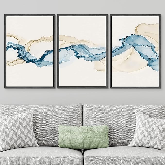 SIGNWIN Framed Canvas Print Wall Art Set Blue Tan Smoke Wave Landscape Abstract Shapes Illustrations Modern Art Decorative Contemporary Colorful for Living Room, Bedroom, Office - 16"x24"x3 Black