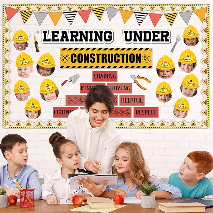 gisgfim Construction Bulletin Board Decorations Learning Under Construction Paper Cutouts DIY Photo Helmet Motivational Bulletin Board Set for Back to School Teacher Classroom Wall Decor Supplies