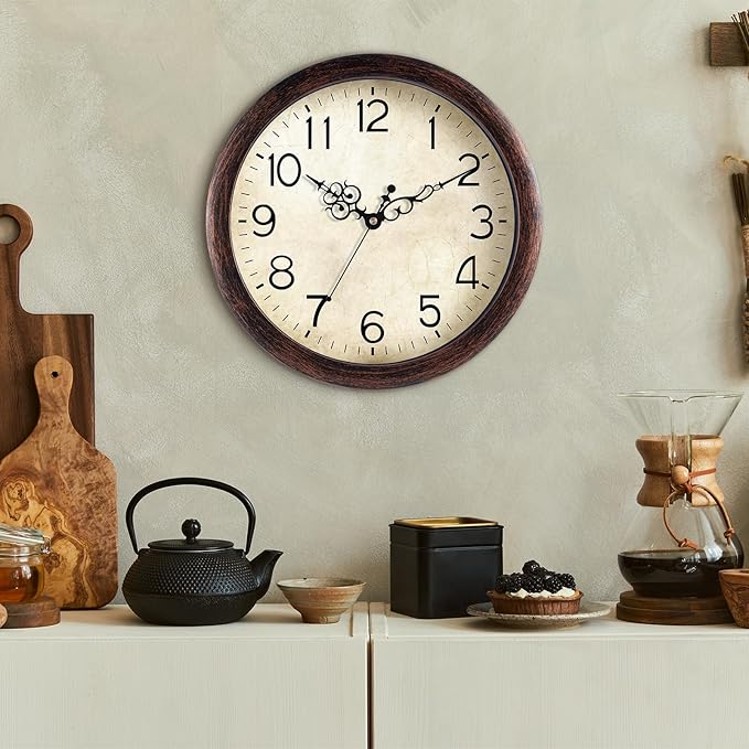 Wall Clock 10 Inch Vintage Wall Clocks Battery Operated Quartz Silent Non-Ticking Retro Rustic Style Clock Decorative for Kitchen,Bathroom, Living Room, Home Office (Bronze)