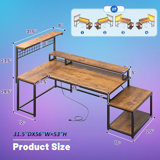 Gaming Desk with Shelves & Hooks, 56" L Shaped Computer Desk with LED Lights & Power Outlets & Monitor Stand and Printer Space for Home Office, Study Room, Bedroom, Rustic Brown
