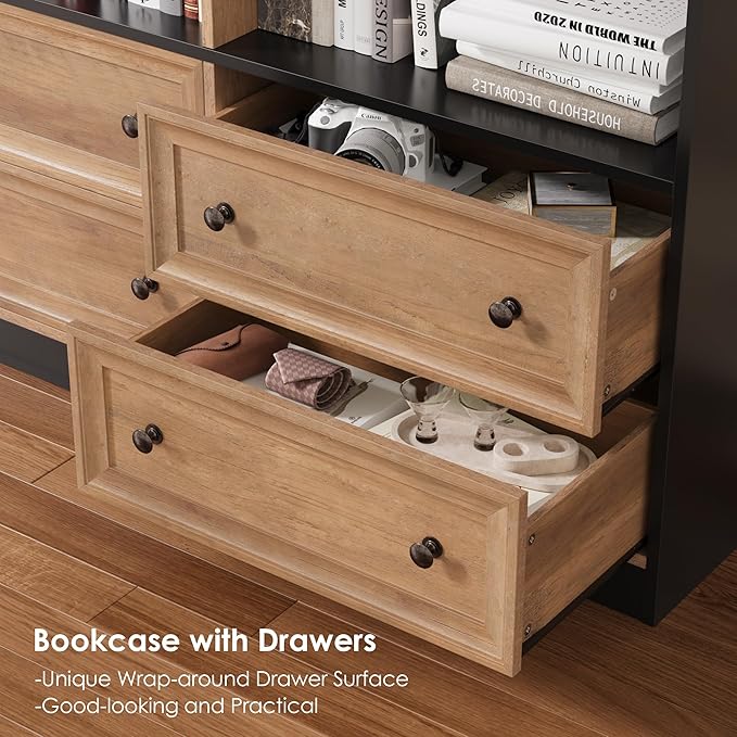 FINETONES 71" Tall Bookshelf with 4 Drawers, 6-Tier Double Wide Bookshelves and Bookcases with Storage, Tall Bookshelf Large Standing Book Cabinet for Home Office, Brown/Black