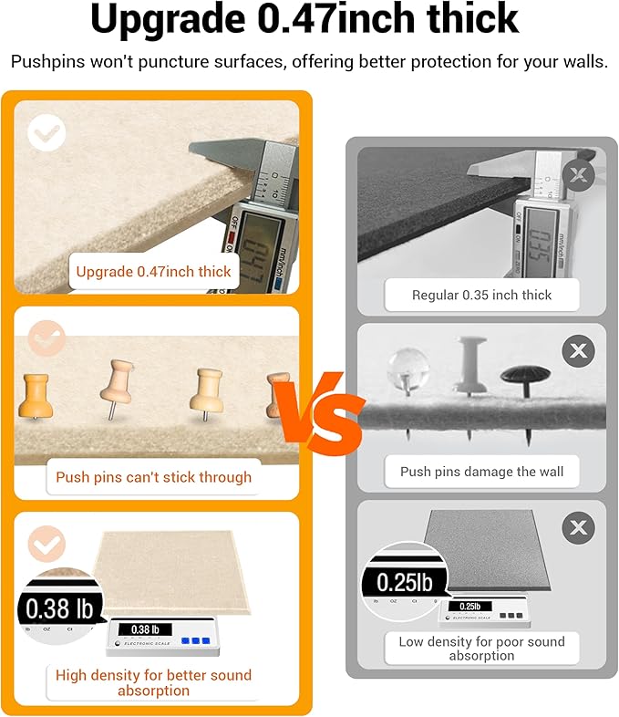 1/2" Thick Cork Board for Office, 6 Pack Felt Wall Tiles -28"x18" with Safe Adhesive Tabs, Large Bulletin Board, Push Pin Board Organizer Wall - Beige
