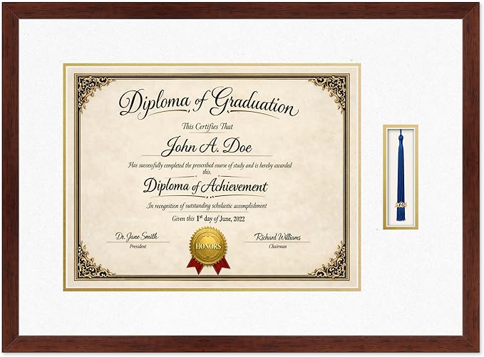 Diploma Frame with Tassel Holder Rustic Walnut Shadowbox Oyster Shell Over Gold Mat - Fits 17 x 13 Degree Made in the USA