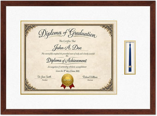 Diploma Frame with Tassel Holder Rustic Walnut Shadowbox Oyster Shell Over Gold Mat - Fits 17 x 13 Degree Made in the USA