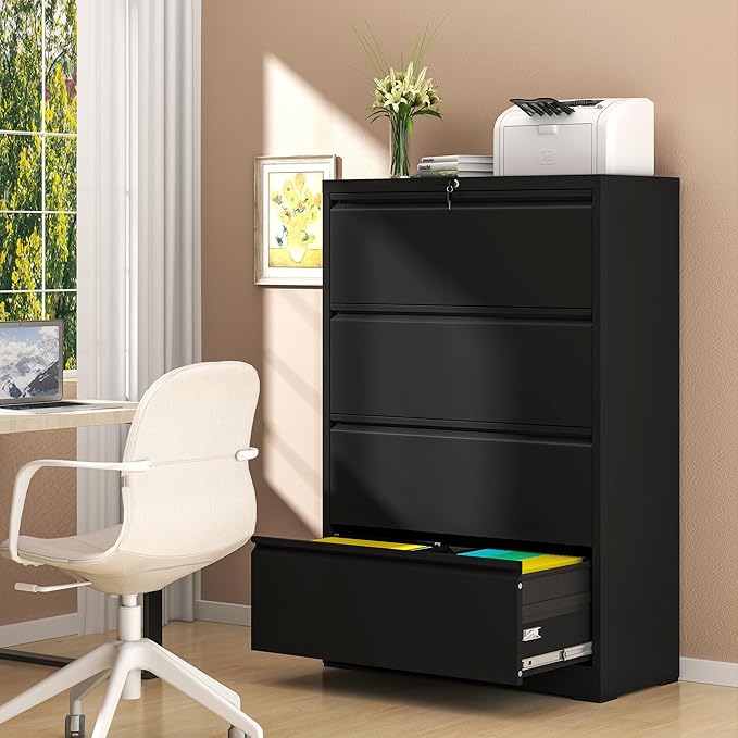 File Cabinet with Lock, 4 Drawer Lateral Filing Cabinet for Home Office, Metal Heavy Duty File Cabinets for Hanging Letter/Legal/F4/A4 Size Files, Assembly Required (Black)