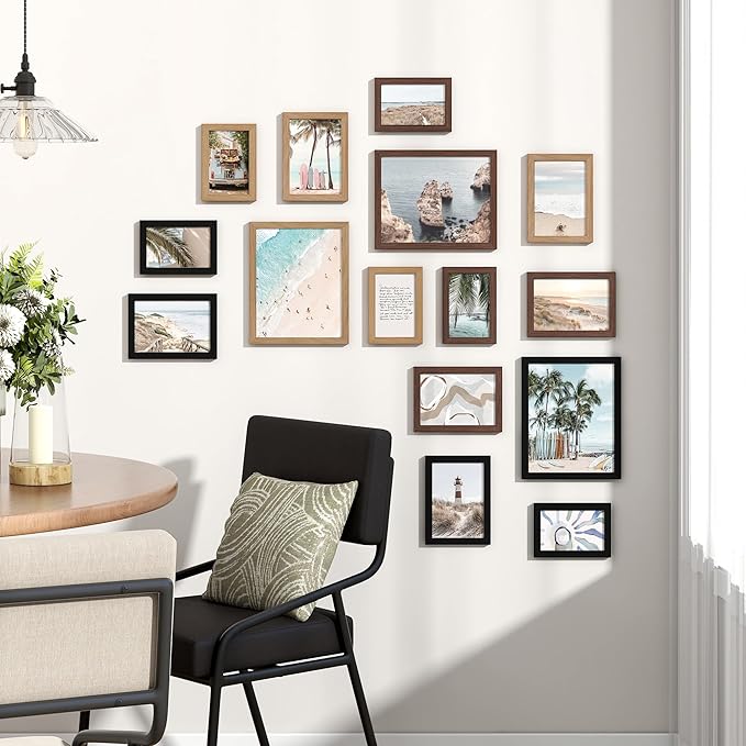 15 Pack Picture Frames Collage Wall Decor, Gallery Frame Set for Wall Mounting or Tabletop Display, Multi Sizes Including 3pcs 8x10, 6pcs 5x7, 6pcs 4x6, Black+Oak+Walnut