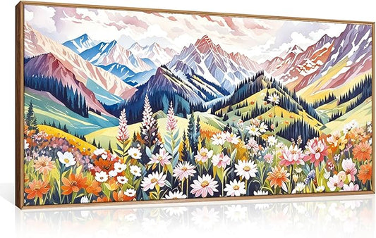 Aryroi Abstract Spring Colorful Floral Landscape Framed Canvas Wall Art,Natural Boho Woodland Mountain Wildflower Decor,Modern Pink Blossom Botanical Artwork for Living Room, Bedroom, Farmhouse-40"x20"x1