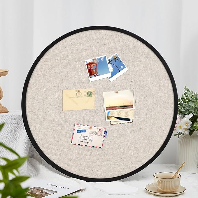 Vintage Framed Pin Board Linen Display Bulletin Board Large Cork Fabric Picture Photo Pinboard Memo Ornate Decorative Pinboard Ornate for Wall Gift(Round,24'' X 24'',Modern Black)