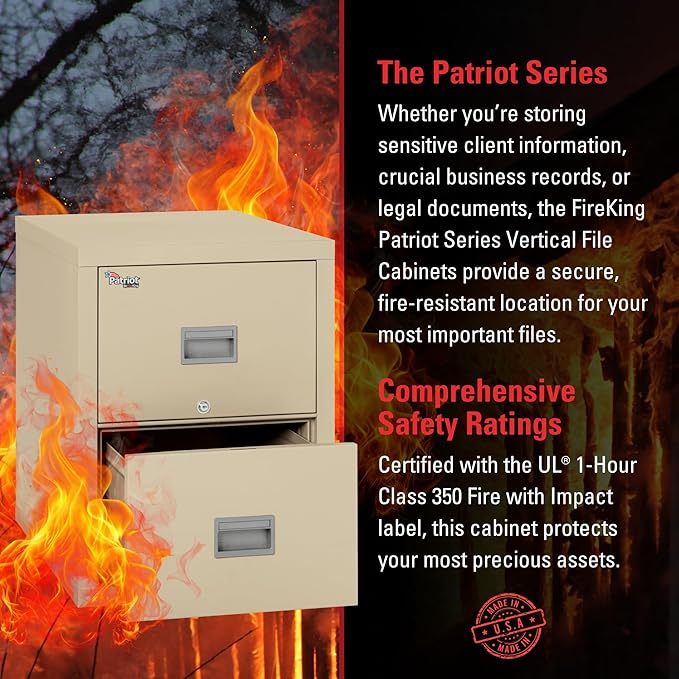 FireKing Patriot Vertical 2 Drawer Legal and Letter Fire Safe File Cabinet with Key Lock, 1 Hour Fire Rated, UL Rated & Water Resistant Home Safe, Made in The USA, Parchment