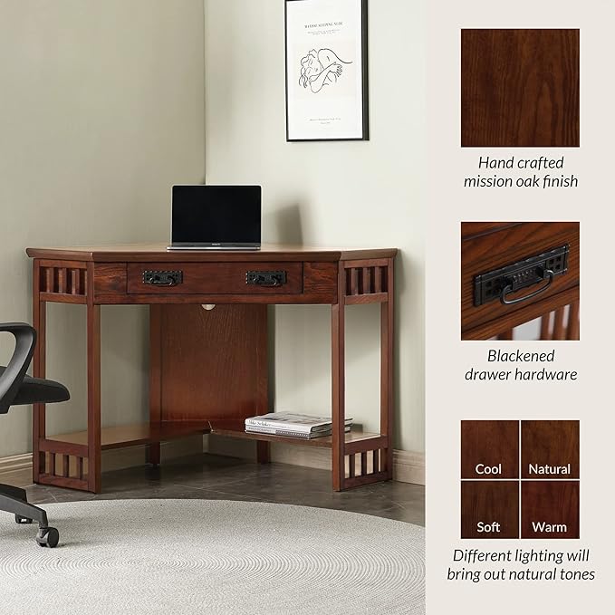 Leick Home 82430 Mission Corner Desk, Writing Computer Desk with Drop Front Keyboard Drawer, for Home Office, Solid Wood, Mission Oak