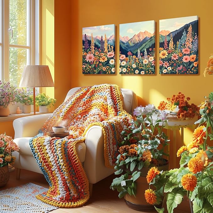 Hianan Mount Daisy Wildflower Landscape Wall Art, Colorful Floral Wall Decor, Boho Sunset Landscape Canvas Painting, Bright Botanical Poster Prints for Living Room Bedroom Framed 12"x16"x3