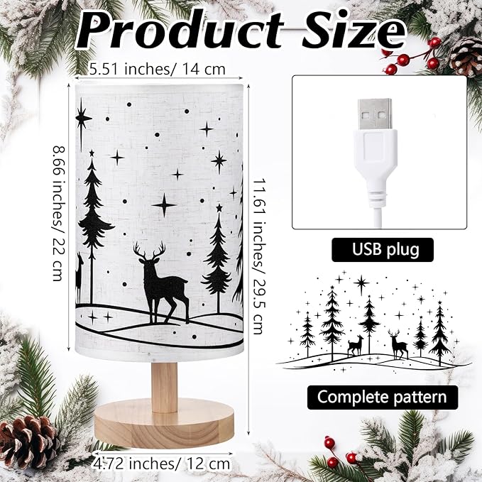 Christmas Lamp Christmas Decorations Indoor 11.6 Inch Small Xmas Tree Deer Bedside Table Light LED Desk Light USB Nightstand Lamp with Non Slip Wood Base Lampshade for Gifts Home Desk