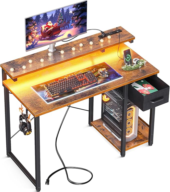 AODK Gaming Desk with LED Lights & Power Outlet, 40 Inch Computer Desk with Drawer, Reversible Small Desk with Monitor Stand & Headphone Hook for Home Office, Rustic Brown