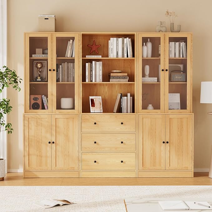 TUSY 71" H Bookshelf with Storage, 6-Tier Modern Bookshelves with 3 Large Drawer, Display Bookcase with Glass Doors, Modern 5-Tier Curio Cabinet for Home Office, Dining Room (Wood, ABA)