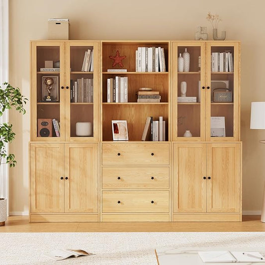 TUSY 71" H Bookshelf with Storage, 6-Tier Modern Bookshelves with 3 Large Drawer, Display Bookcase with Glass Doors, Modern 5-Tier Curio Cabinet for Home Office, Dining Room (Wood, ABA)