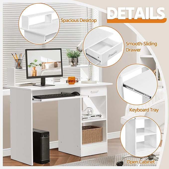 Yaheetech Home Office Wood Computer Desk with Keyboard Tray and Drawers, Students Writing Table with Storage Drawers & Hutch, Modern PC Laptop Desk, Multifunctional Workstation, White