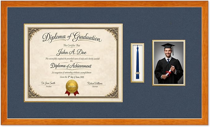 Diploma Tassel and Photo Frame Honey Oak Shadowbox Navy Blue Over Gold Mat - Fits 15 x 12 Degree Picture Made in the USA