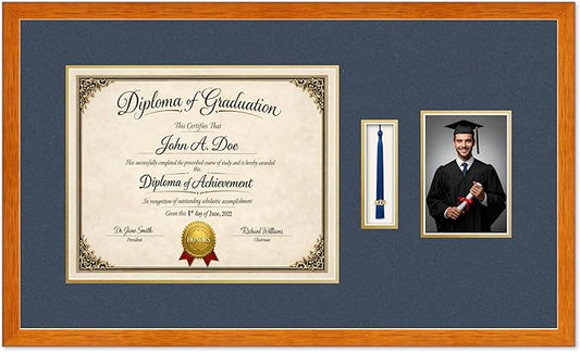Diploma Tassel and Photo Frame Honey Oak Shadowbox Navy Blue Over Gold Mat - Fits 15 x 12 Degree Picture Made in the USA