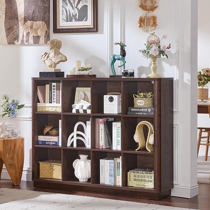 12 Cube Storage Organizer, 41" Large Bookshelf with Curved Edge, Wood Floor Standing 3-Tier Cubby Bookcase w/Base, Vintage Display Storage Cabinet, Book Case for Living Room, Office, Walnut