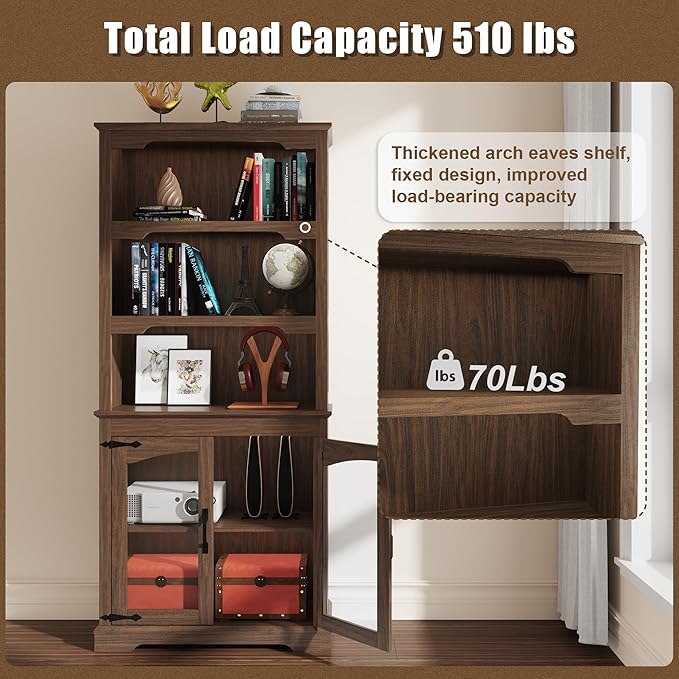 Tall Bookcase, 70 inch Height, 5-Tier Open Storage Shelf, 31.5 in Wide Standing Bookshelves for Home, Office, Bedroom, School, Library, 31.5W * 11.81D *70H (Walnut, Glass Door)