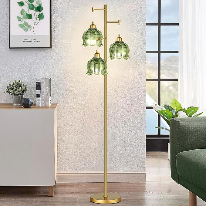 Vintage Floor Lamps for Living Room Bedroom-3 Light Glass Floor Lamp with Three Led Bulb, Modern Mid Century Standing Lamp Brass Tall Lamp Gold Tree Floor Lamp for Bedroom Corner