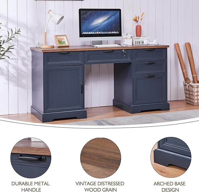 60" Farmhouse Executive Desk with Lock,Home Office Desk with Charging Station,Executive Desk with 4 Drawers & 1 Cabinet&1 File Cabinet for Office and Home