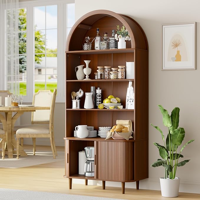 DHH 71" Tall Arched Bookshelf, 5 Tiers Arch Bookcase with Storage, Modern Farmhouse Book Shelf with Adjustable Shelves ＆Sliding Doors, Wood Display Cabinet for Living Room, Office(Walnut)