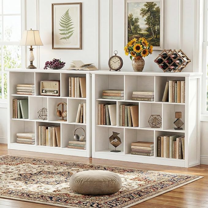 Unikito 7 Cube Storage Book Shelf - 50" Wide Wood Cube Storage Organizer, Wooden 2 Tiers Floor Standing Low Bookcase for Living Room, Bedroom, Home Office, Kids Room