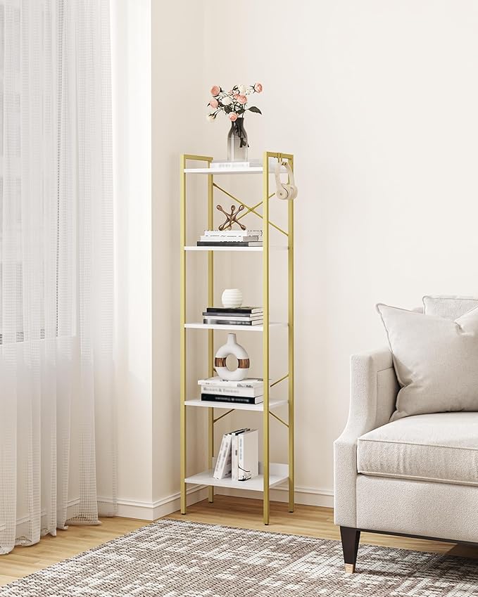 Bookshelf, Book Shelf, Industrial Bookcase with 2 Hooks, Coner Shelf Storage Organizer for Home Office, Living Room, Bedroom, Kitchen, 5-Tier White Gold BC10513G