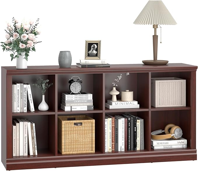 8 Cube Storage Organizer Bookcase - 2 Tiers 8 Storage Cube Adjustable Space Book Case, Display Cabinet Organizer, 54.7 inch Width Horizontal Bookshelf for Home Library Office, Mahogany