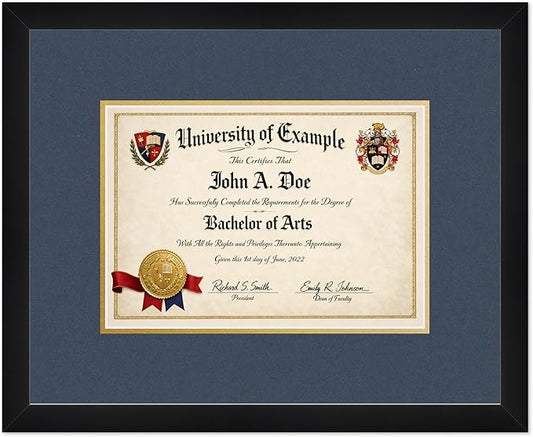 CountryArtHouse Diploma Frame Fits 11.69 x 8.27 A4 Certificate - Keepsake Graduation Display Matte Black Genuine Hardwood with Navy Blue Over Metallic Gold Double mat