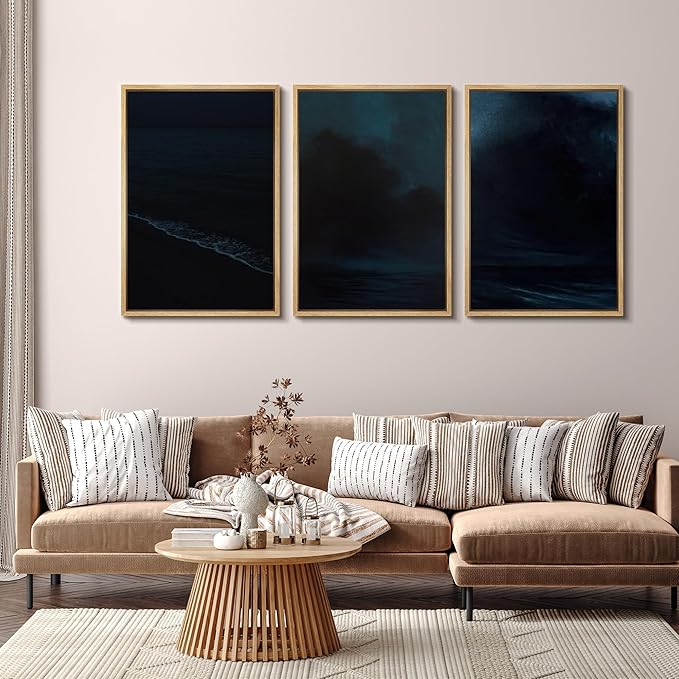 SIGNFORD Framed Wall Art Print Set Midnight Ocean Waves Dramatic Dark Seascape Digital Art Modern Art Contemporary for Living Room, Bedroom, Office - 24"x36"x3 Natural