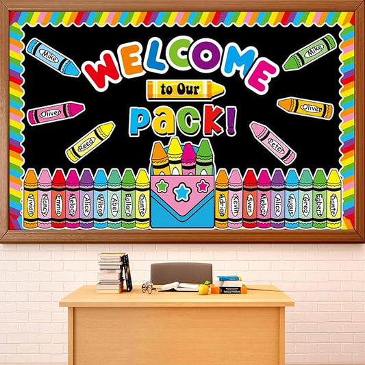 Welcome to Our Pack Bulletin Board Decorations Back to School Crayon Theme Classroom Bulletin Board Border Set Colorful Crayons Name Tags for School Teacher Supplies Home Wall Decor