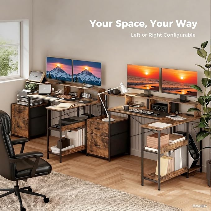 GTPLAYER 73" L Shaped Gaming Desk, Reversible Computer Desk with Power Outlets & LED Lights, Home Office Corner Desk with Storage Shelves, Monitor Stand, and Tower Space, Rustic Brown