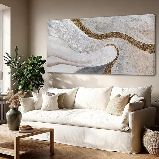 ZUNARE Contemporary White Gold Textured Canvas Wall Art Abstract Organic Line Posters Picture Minimalist Home Decor for Living Room Bedroom Office 29x58 Inch