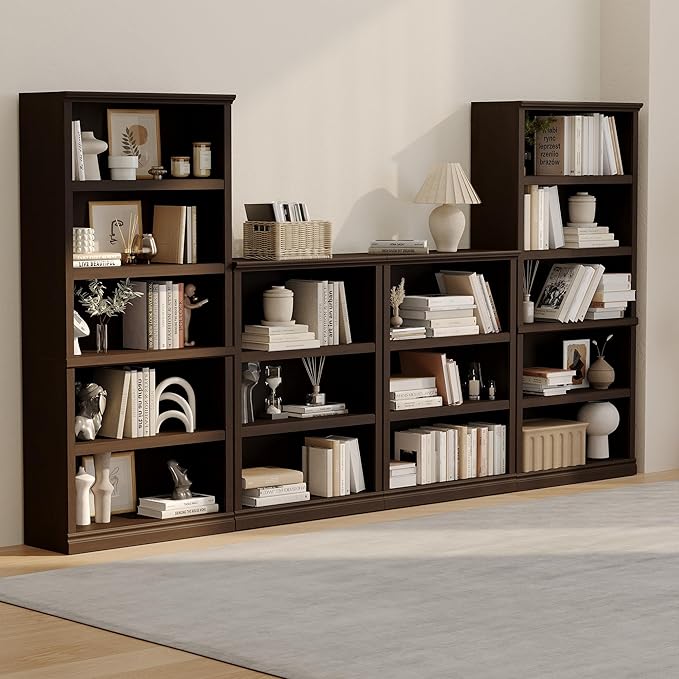 blini Wooden Bookshelf and Bookcase Set of 2, Cherry Wood Double Wide Large Bookshelves 5 Tier Tall Bookshelf with Storage Cabinets for Living Room, Home Office, Library (Cherry Wood, 5-Shelf)