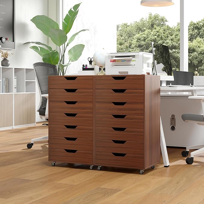 7 Drawer File Cabinet, 34.5" Vertical Storage Drawer Cart, Under Desk Office Organizer, Wooden Printer Stand, Rolling Filing Cabinet for Home Office (Walnut)