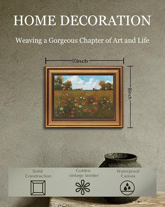 Gold Framed Wall Art Vintage Floral Canvas Wall Art Floral Countryside Blooming Wildflowers Artwork Prints Picture for Living Room Bedroom Farmhouse Bathroom Office Decor, 8x10