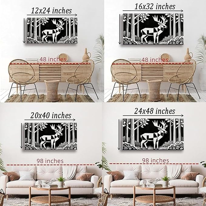 Black White Deer Framed Canvas Wall Art for Nursery, Forest Animal Wall Decor 24" L x 12" W