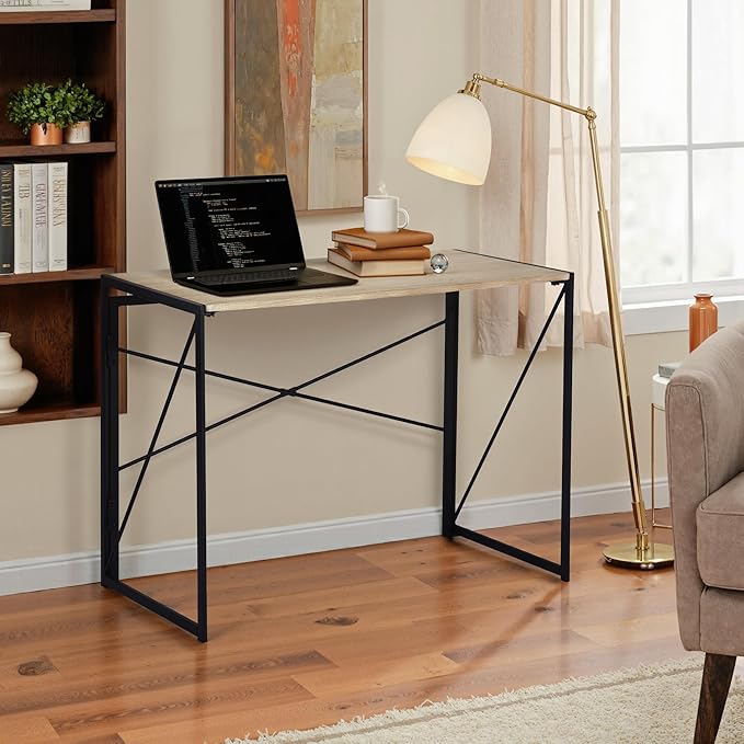Homy Casa 39.4 Inch Foldable Laptop Desk, Space-Saving Computer Table with No Assembly Required, Sturdy Metal Frame, Minimalist Design for Home Office, Study, or Small Spaces, Oak