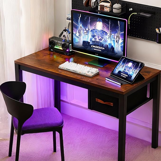 Computer Desk with Drawer, 47 Inch Home Office Work Desks, Modern Writing Study PC Desk Gaming Table for Small Place Bedroom, Thickened Tabletop and Stable Metal Frame Leg（Rustic Brown）