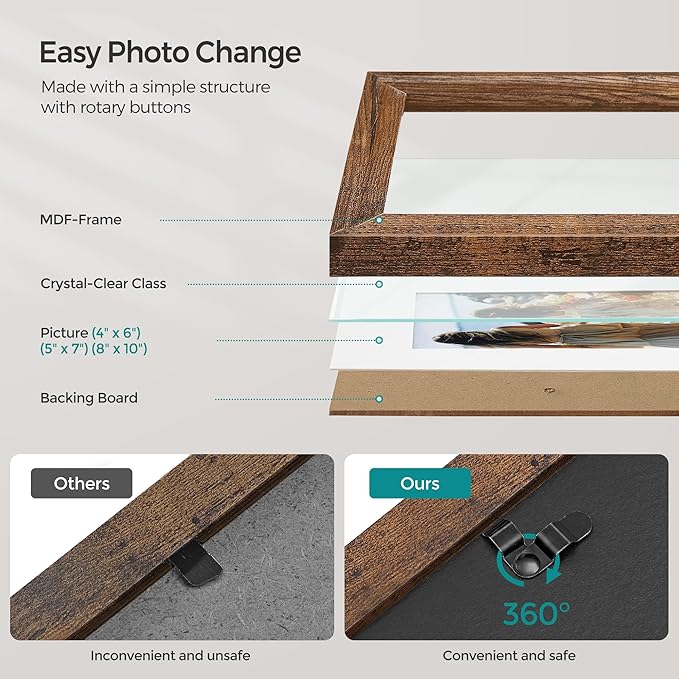 SONGMICS Picture Frames with 16 Mats, Set of 10 Collage Photo Frames, Two 8x10, Four 5x7, Four 4x6 Frames, Hanging or Table Display, Glass, 12 Non-Trace Nails, Rustic Brown URPF049X01