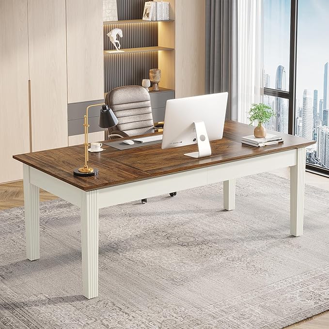 Tribesigns 62-Inch Computer Desk, Large Office Executive Desk with Solid Wood Legs, Modern Simple Laptop Desk Study Writing Table Workstation Furniture for Home Office, Rustic Brown & Cream White
