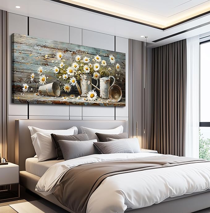 QIYILEXWART Large Wall Decor For Living Room Canvas Wall Art For Kitchen Modern Wall Decorations For Bedroom Daisy Rustic Landscape Painting Farmhouse Pictures Artwork Room Home Decor 24x48 In