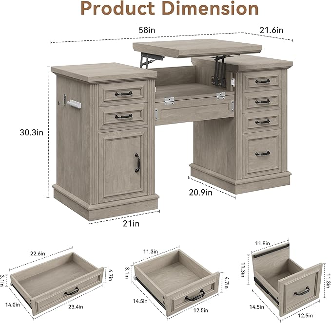 Farmhouse 57" Lift Up Executive Desk with 5 Drawers and Charging Station, Wood Home Office Computer Desk with File Cabinet Storage, Keyboard Tray,Headphone Hook for Work,Study (Grey)